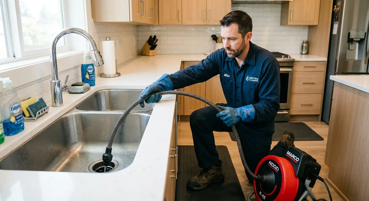Drain cleaning technician using a motorized snake on a kitchen sink in Hermantown