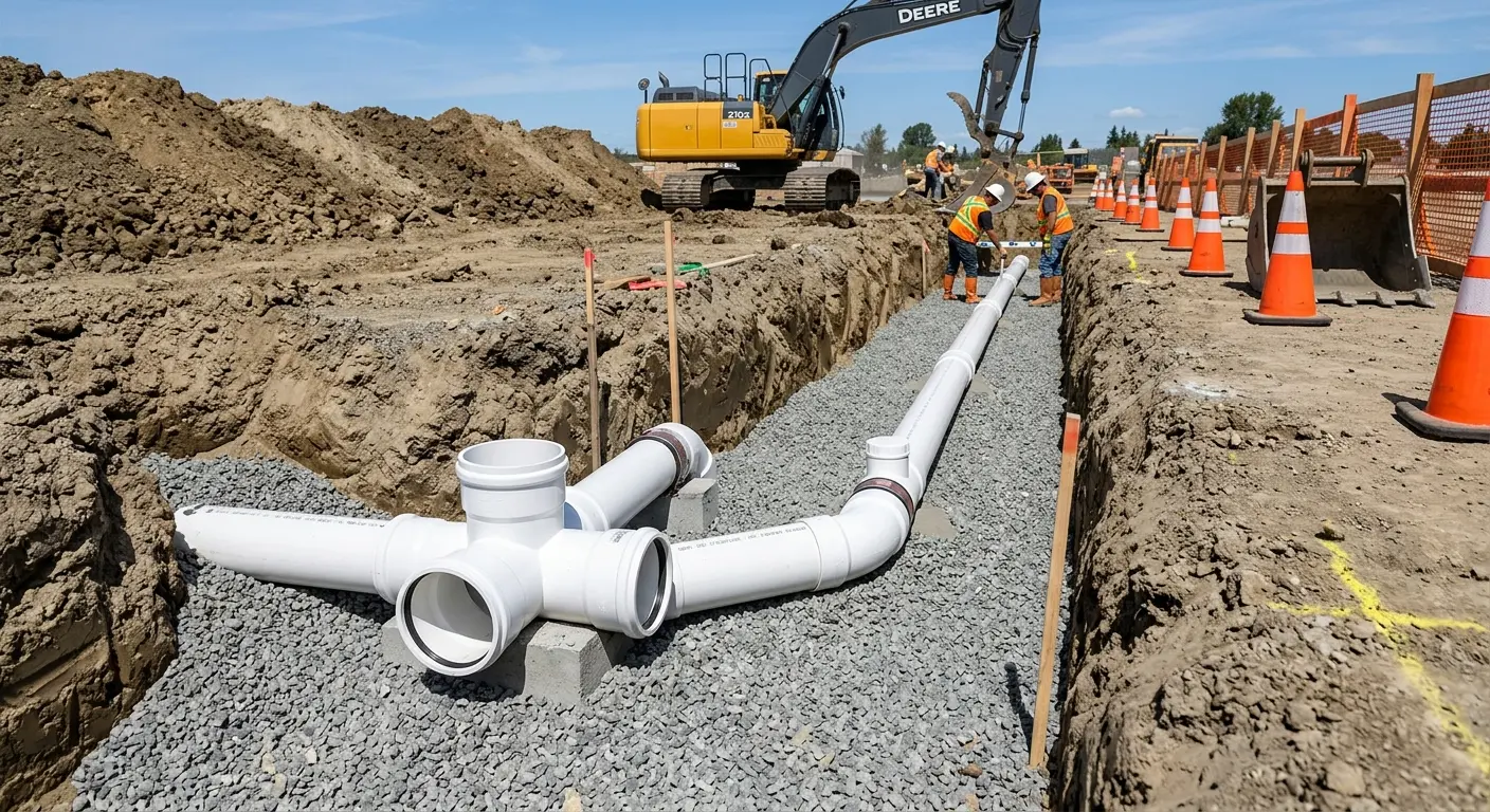 New PVC sewer pipe installation in open trench for Commercial Drain Cleaning in Hermantown