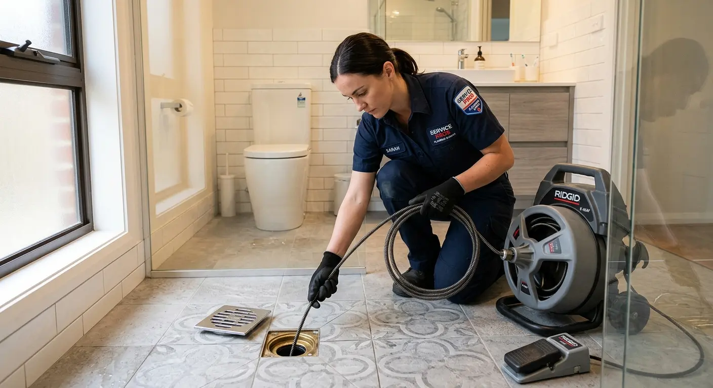 Technician clearing a bathroom floor drain for Sewer Line Replacement in Hermantown